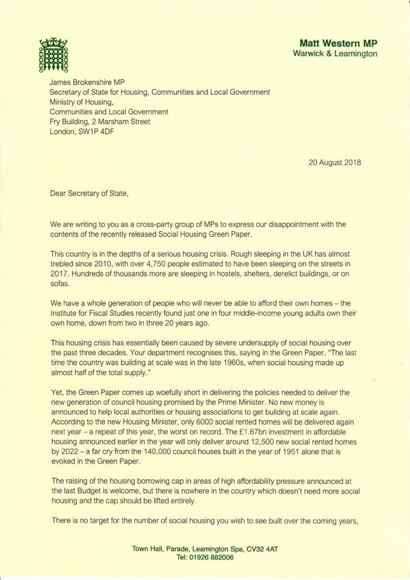 Letter to Secretary of State for Housing - page 1