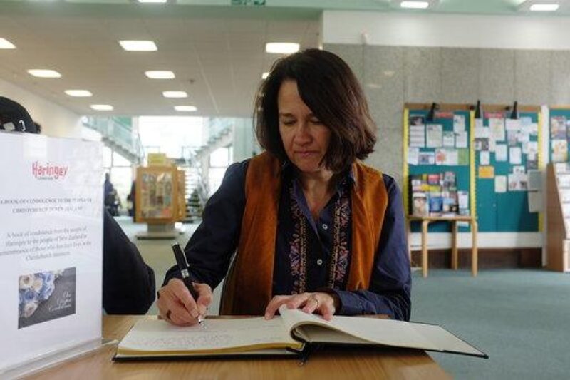 Catherine West MP signing a book of condolence in Hornsey Library following the Christchurch terrorist attack. Haringey Council have also made a book of condolence available at Wood Green Library.