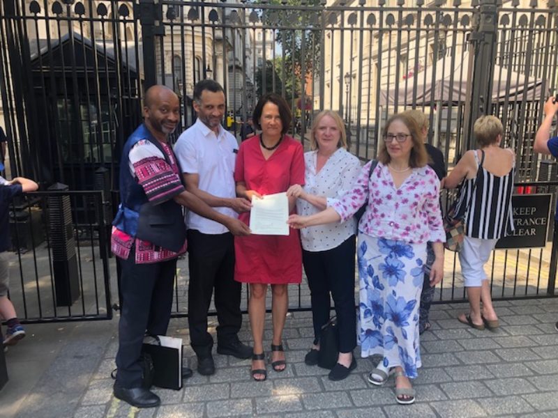 Cllr Joseph Ejiofor, Cllr Mark Blake, Catherine West MP, Joanne McCartney AM, Cllr Dana Carlin delivering the open letter to Downing Street