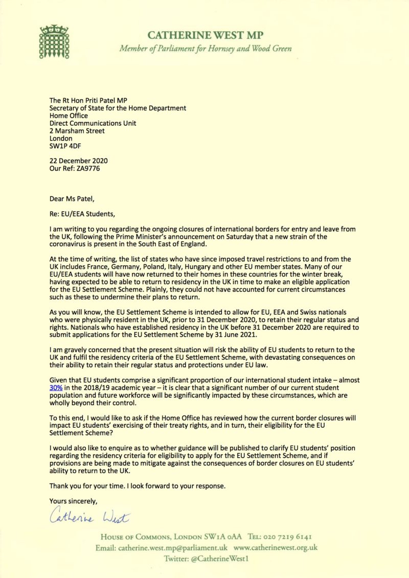 Letter to Home Secretary on EU/EEA students