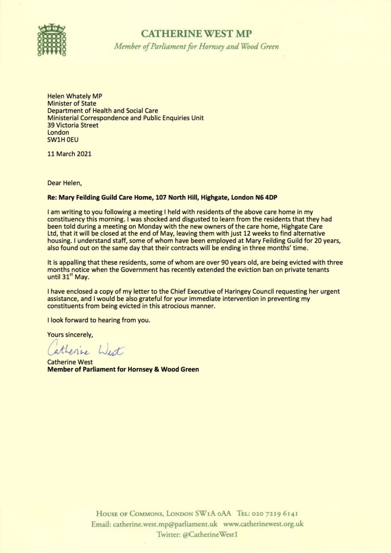 Letter to Care Minister