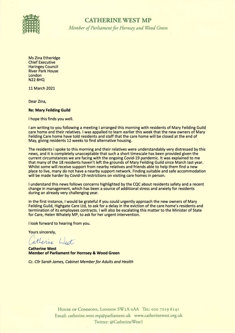 Letter to Haringey Council