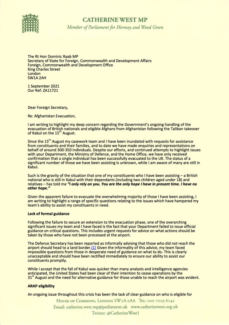 Catherine West MP letter to Foreign Secretary (page 1)