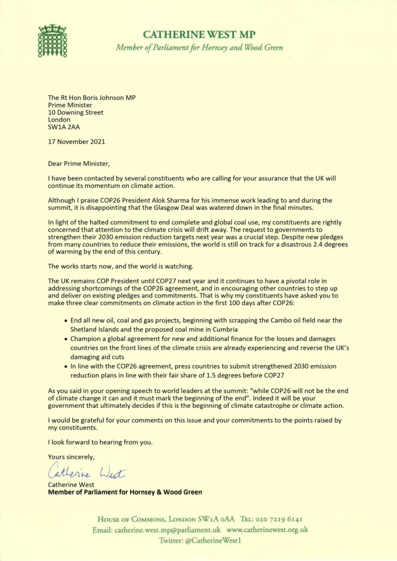 Letter to Prime Minister Johnson