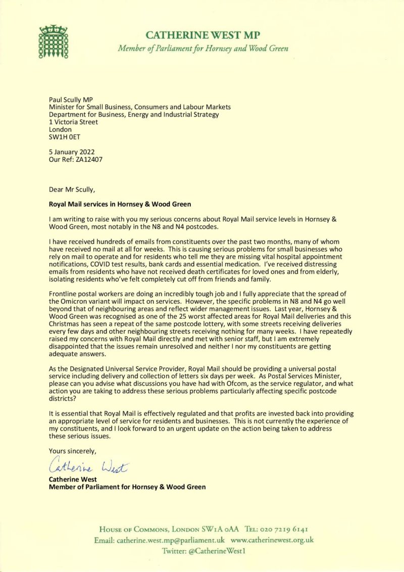 My letter to the Postal Services Minister