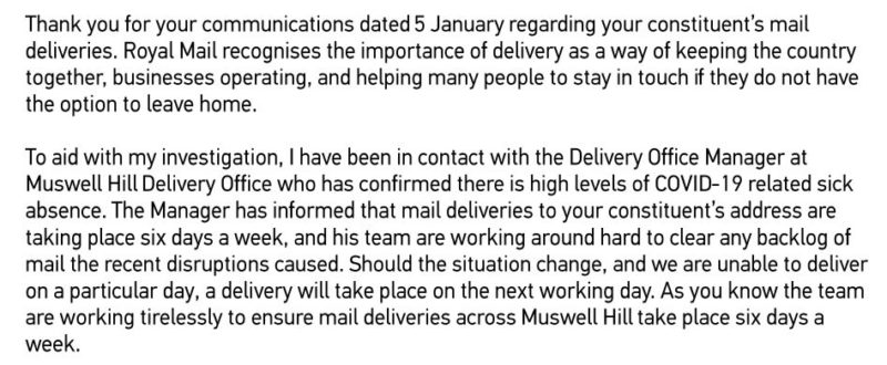 Royal Mail response on problems in N10