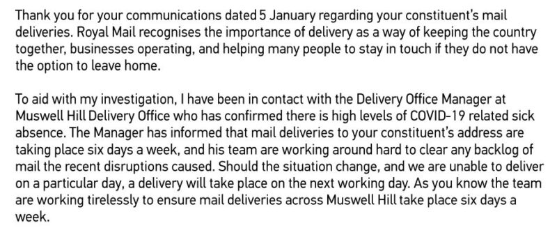 Royal Mail response on problems in N10