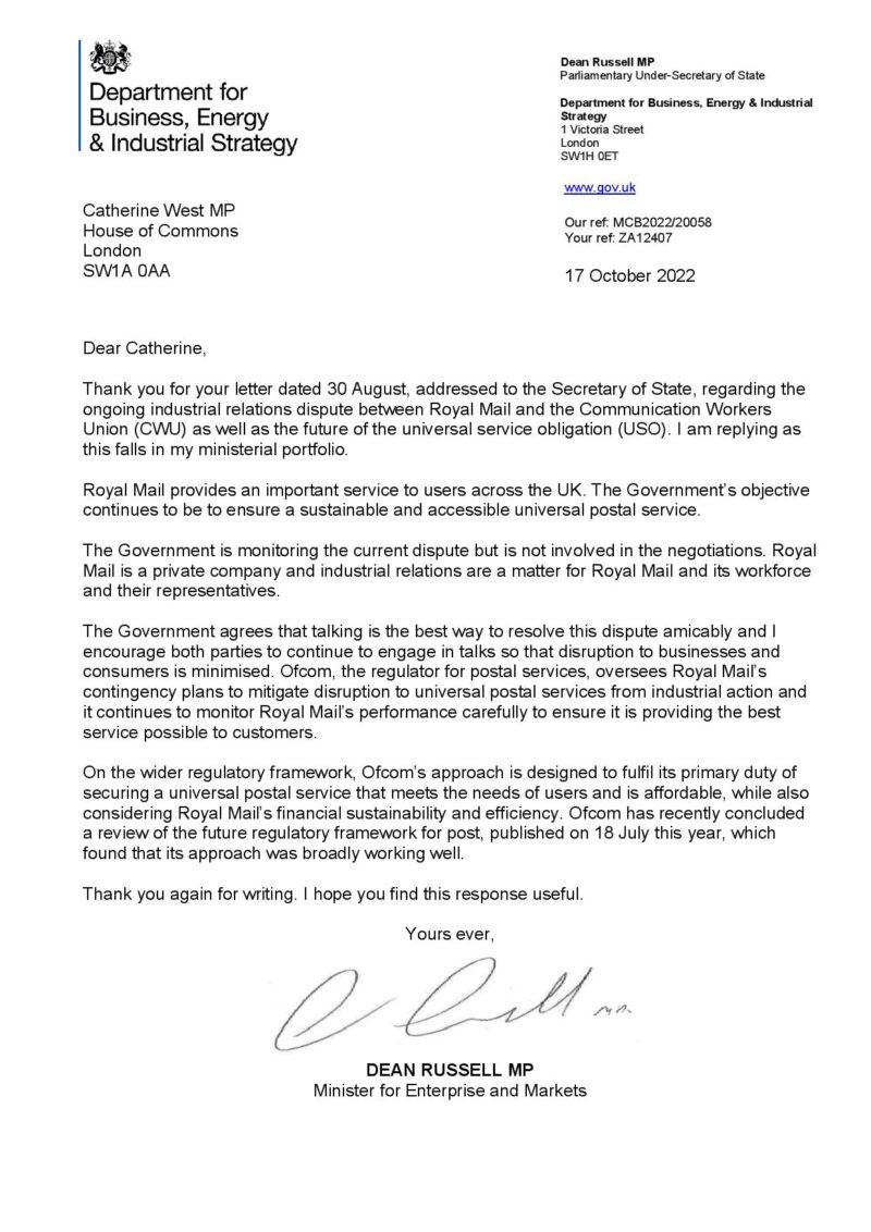 My response from the Business Minister