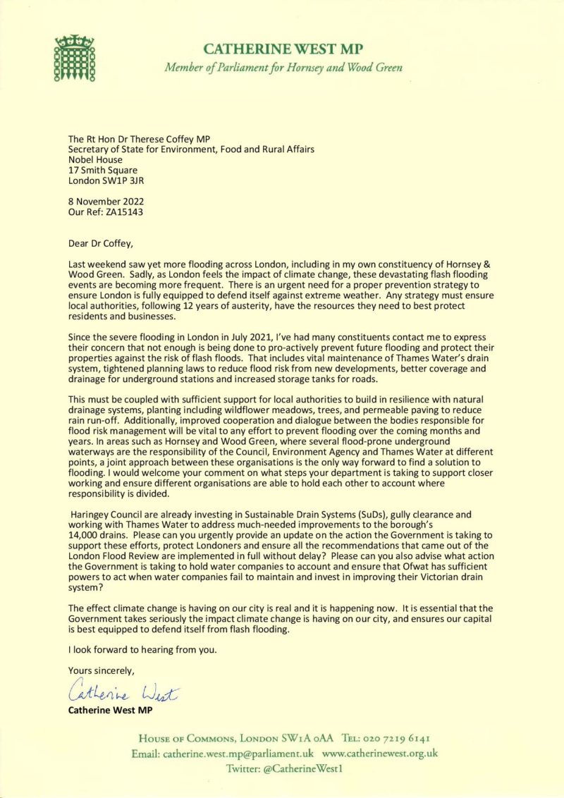 My letter to Dr Coffey MP, Secretary of State for the Environment