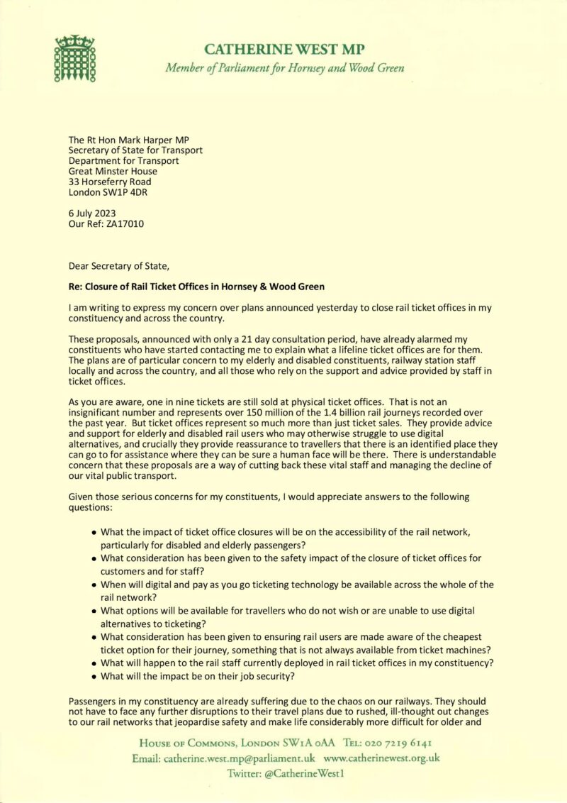 Letter to Transport Secretary page 1