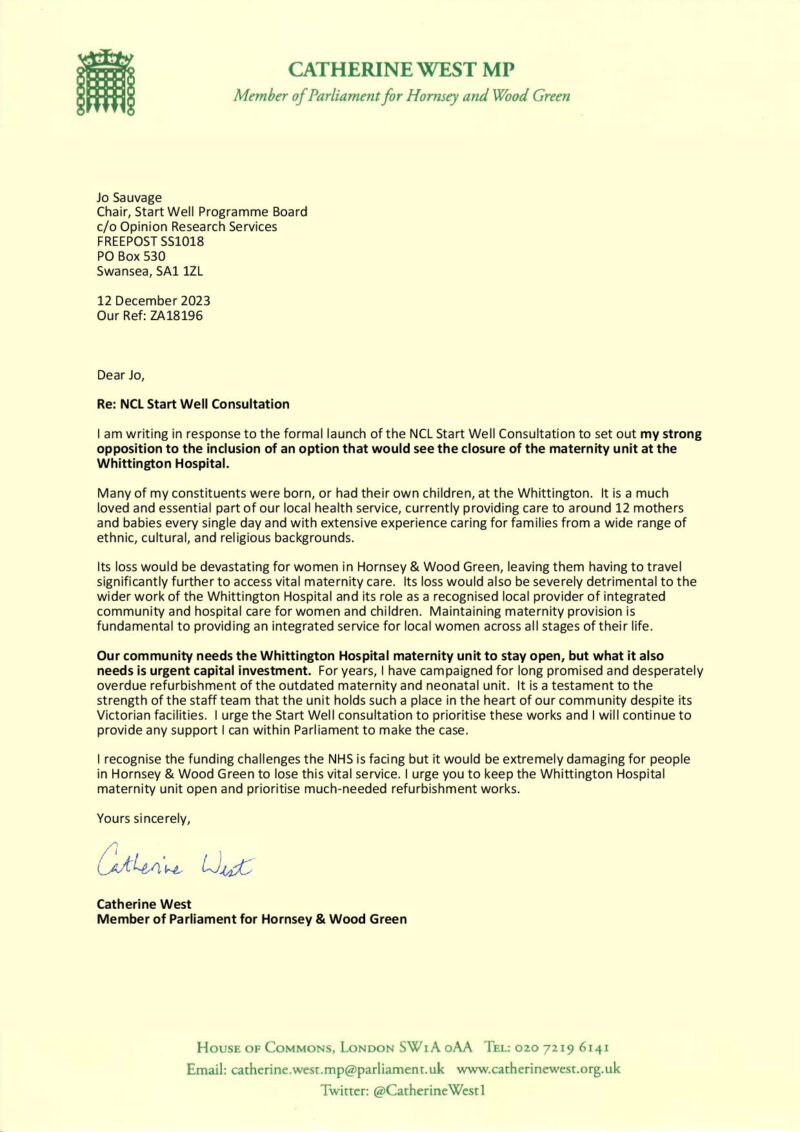 My formal response to the consultation on the future of the Whittington Hospital maternity unit.  