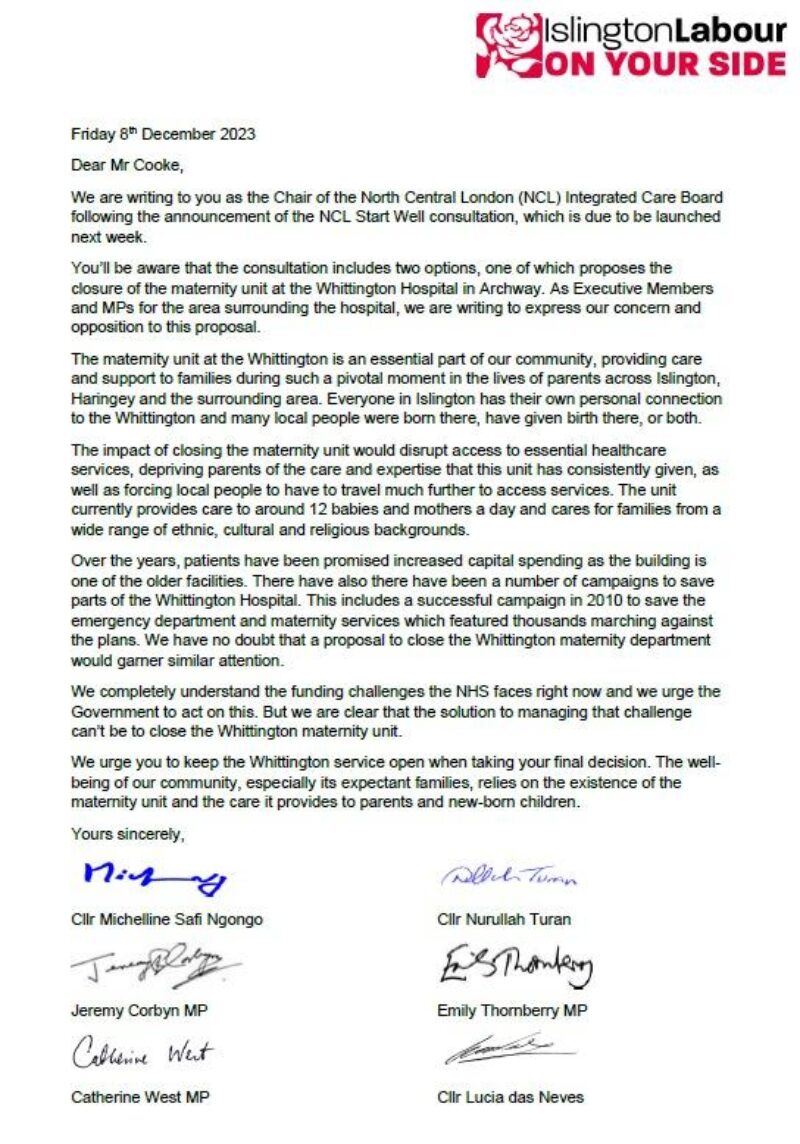 Our joint letter to NHS bosses urging them to save the Whittington maternity unit